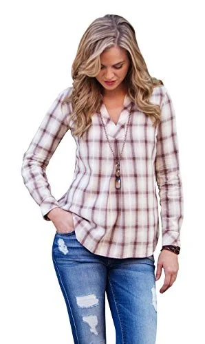 Ryan Michael Sonora Desert Plaid Tucson Star Snaps Pleat V Neck Women's Shirt