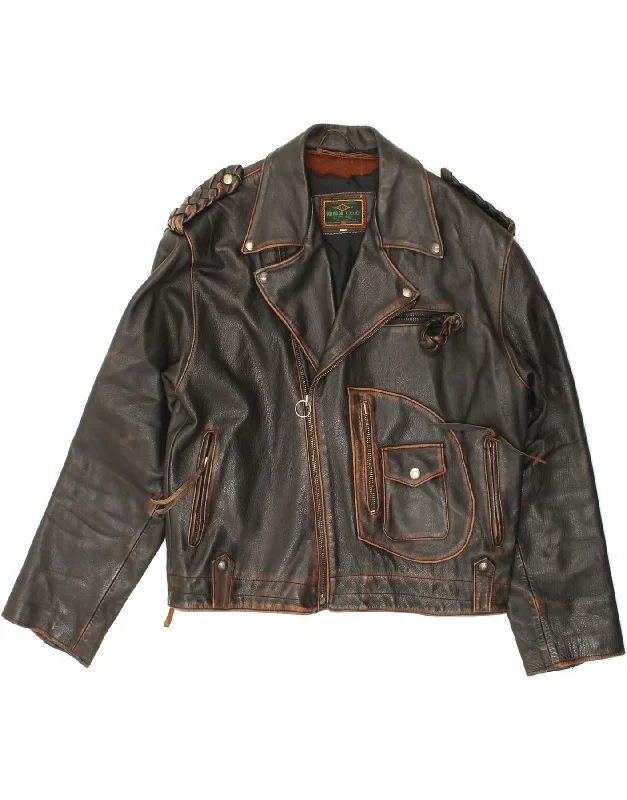 VINTAGE Mens Graphic Leather Biker Jacket UK 42 XL Brown