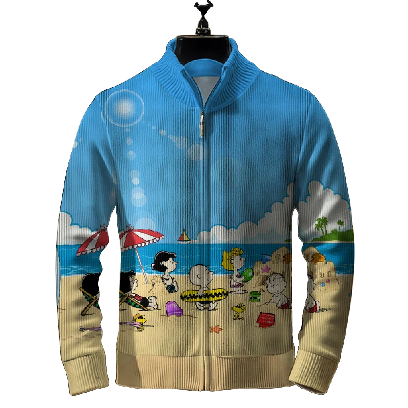 Men's beach art print zipper long-sleeved cardigan jacket 2409008765