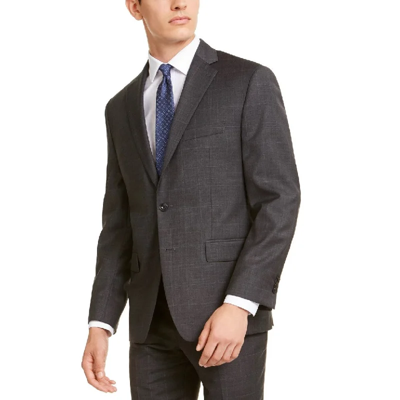 Michael Kors Men's Classic-Fit Airsoft Stretch Gray/Blue Windowpane Suit Jacket Gray Size 44