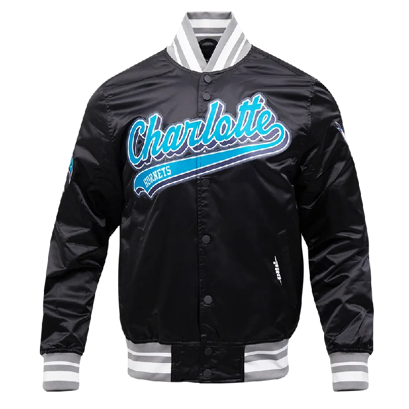 NBA CHARLOTTE HORNETS SCRIPT TAIL MEN'S SATIN JACKET (BLACK/GRAY)