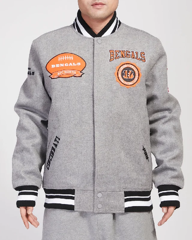 NFL CINCINNATI BENGALS CREST EMBLEM MEN'S RIB WOOL VARSITY JACKET (HEATHER GRAY/BLACK)