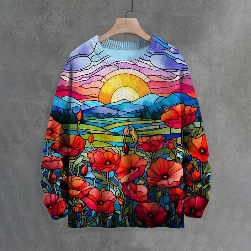 Men's Poppy Field Sunrise And Sunset Stained Glass Window Print Knit Sweatshirt