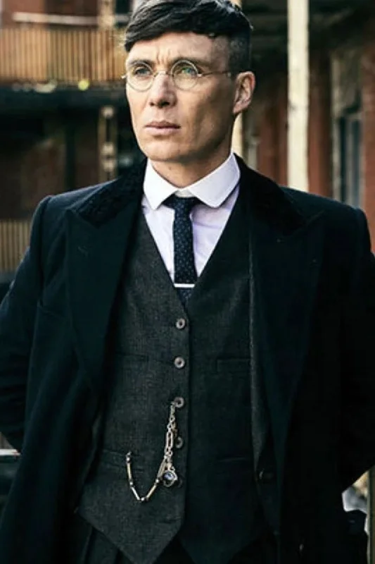 Mens Peaky Blinders Costume peaky blinder outfit - Include peaky blinder actor cap Thomas Shelby Black Vested Suit & Black Overcoat