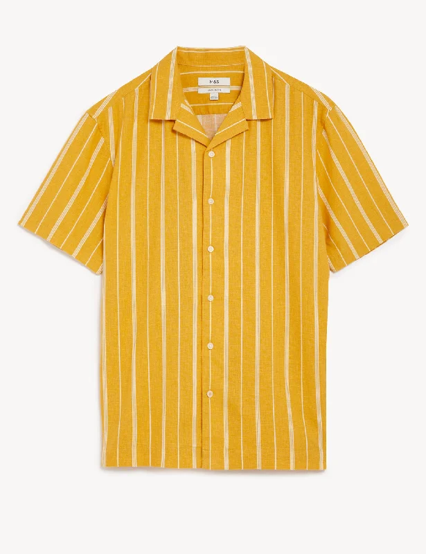 Linen Blend Striped Cuban Collar Shirt