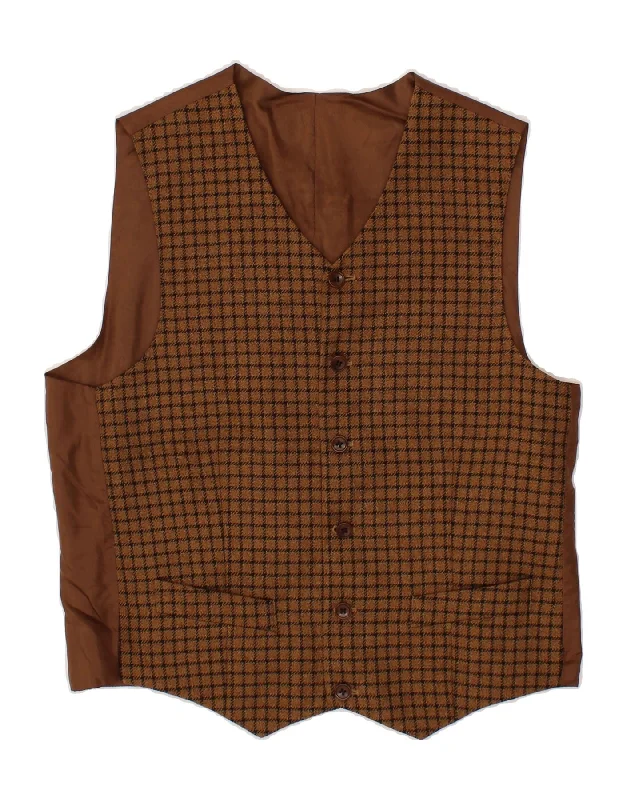 VINTAGE Mens Waistcoat EU 48 Medium Brown Check Wool