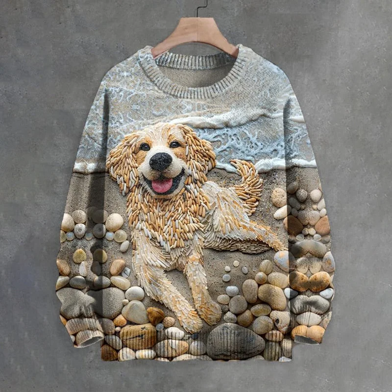 Men's Beach Waves Cobblestone Dog Pattern Art Print Sweater