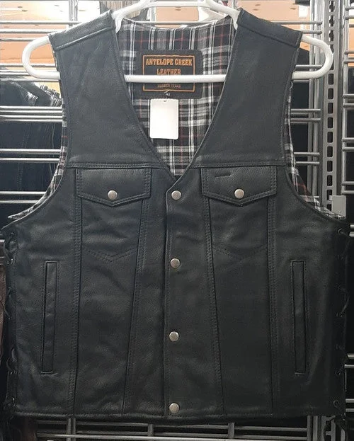 Men's Black Leather Vest with Flannel Lining 174