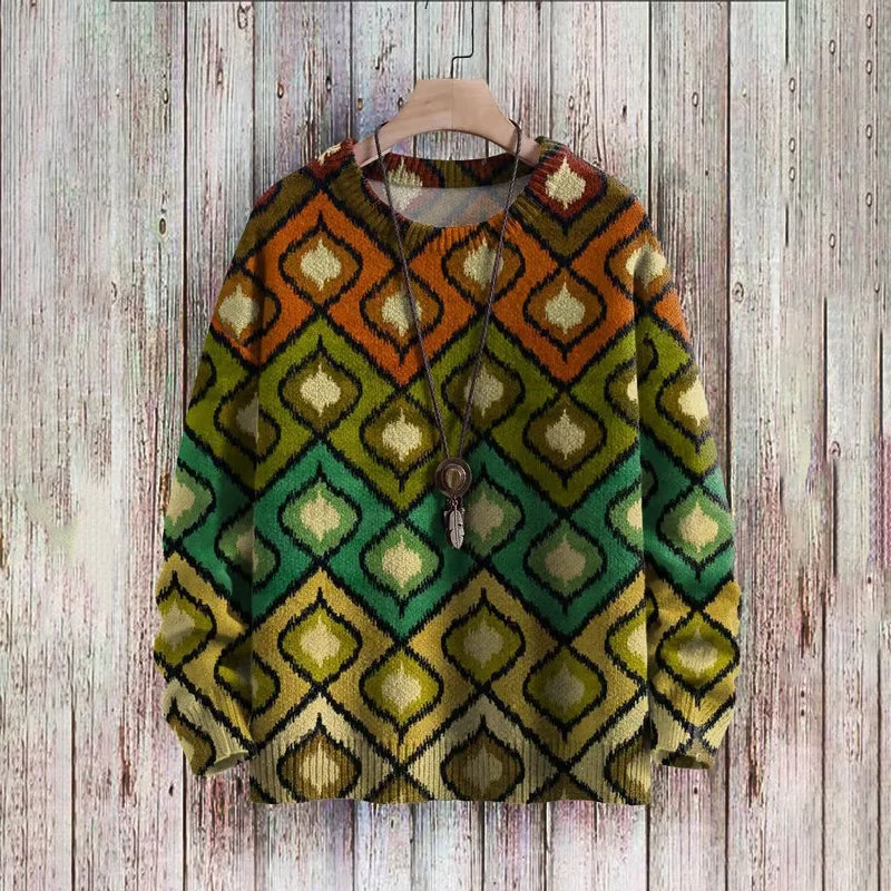 Vintage Multicolored Geometric Ethnic Pattern Art Print Casual Sweater