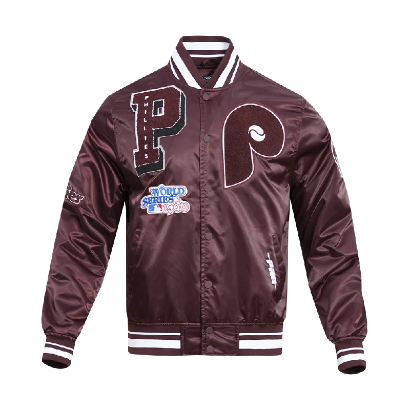 MLB PHILADELPHIA PHILLIES RETRO MASHUP MEN'S RIB SATIN JACKET (WINE)