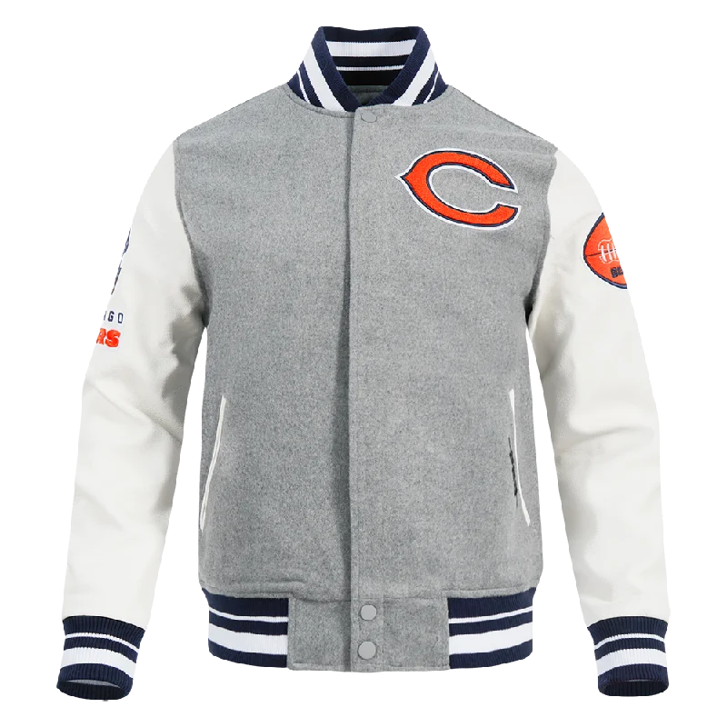 NFL CHICAGO BEARS OLD ENGLISH MEN'S RIB WOOL VARSITY JACKET (HEATHER GREY/WHITE/MIDNIGHT NAVY)