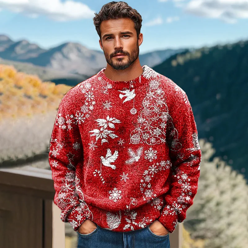 Men's Casual Red Christmas Art Print Crew Neck Sweater