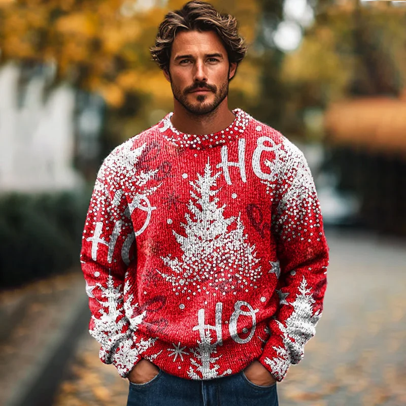 Men's Christmas Letter Christmas Tree Art Print Crew Neck Sweater