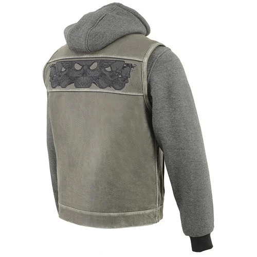 Men's Distressed Gray Vest with Skulls and Removable Hoodie MLM3562 MV