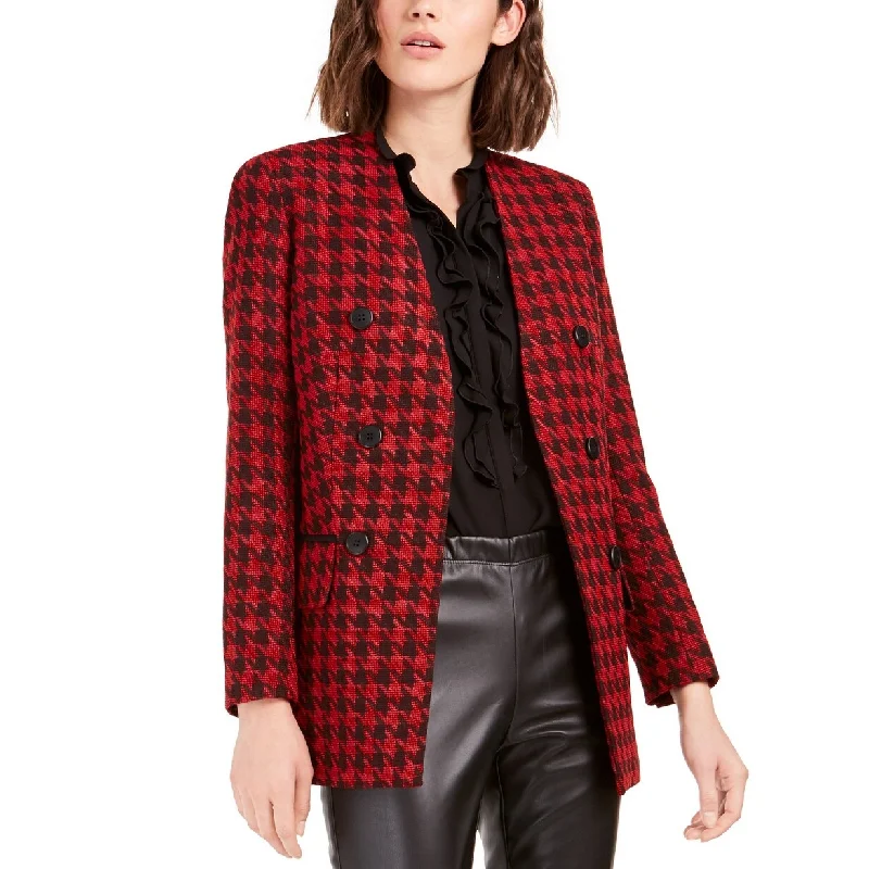 Bar III Women's Houndstooth Collarless Double-Breasted Jacket Black Size 14