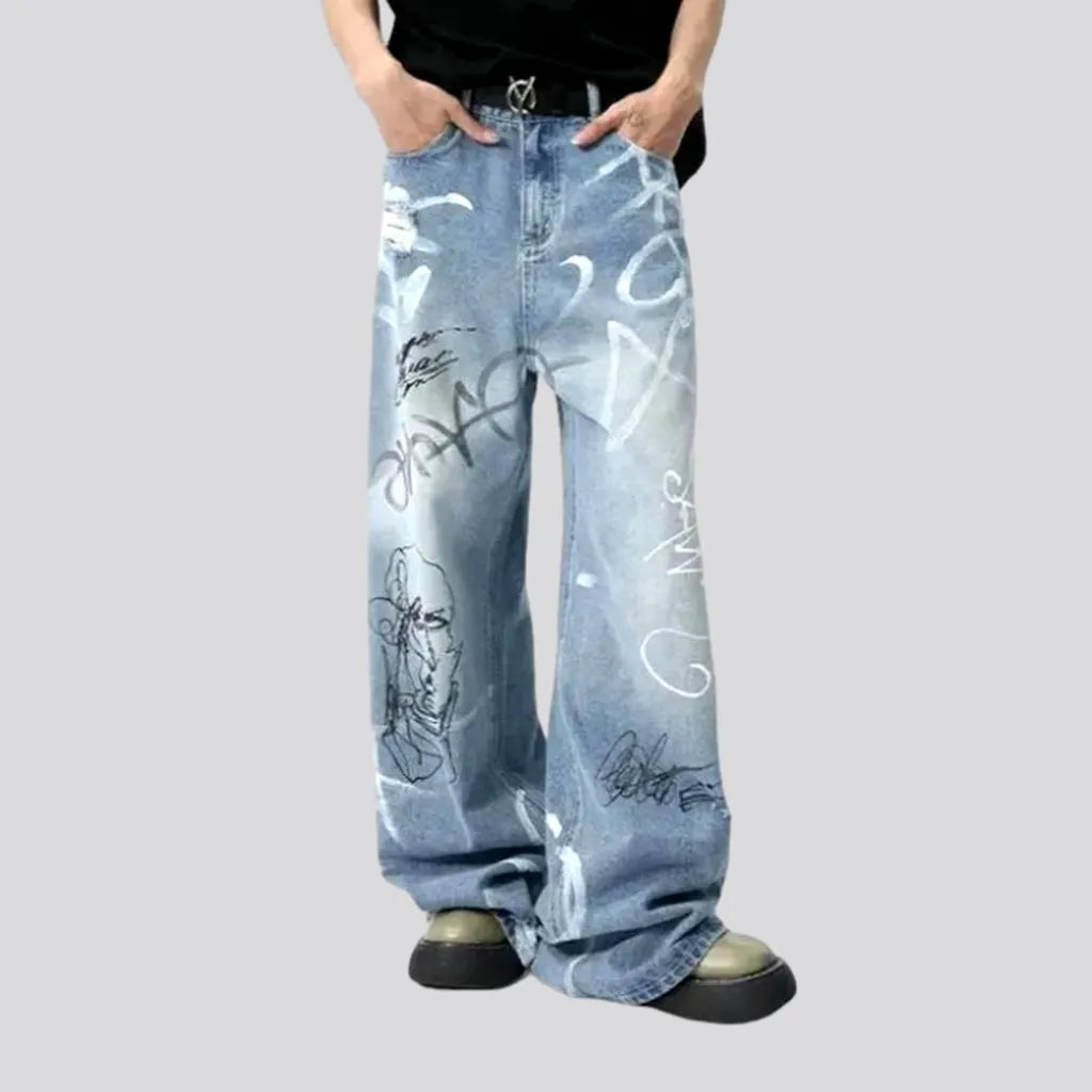 Painted men's floor-length jeans