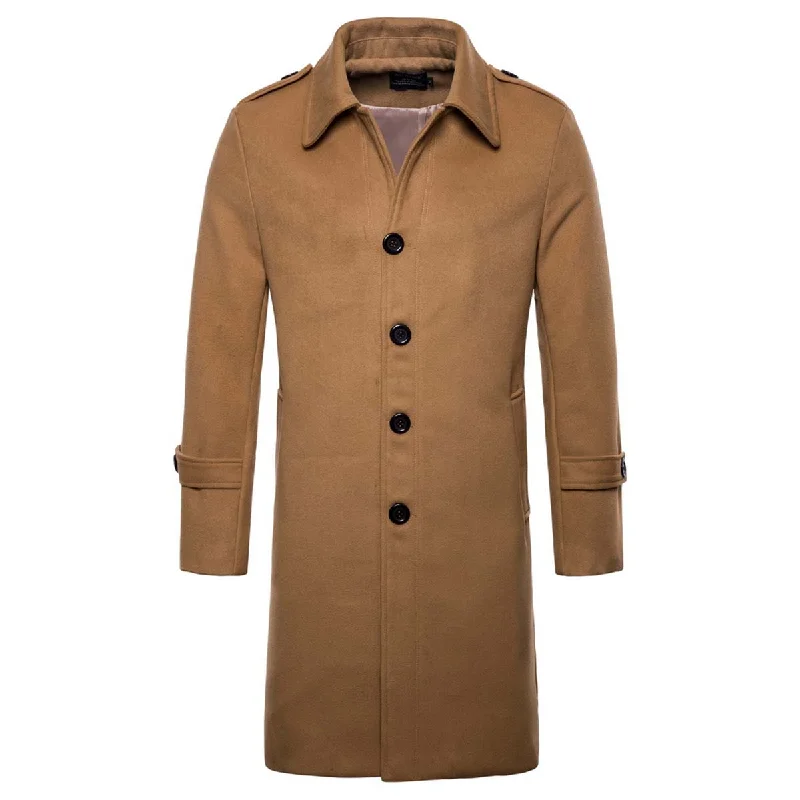 Men's Coat Long Slim Fit Winter Coat Solid Color with Flap Collar Brown