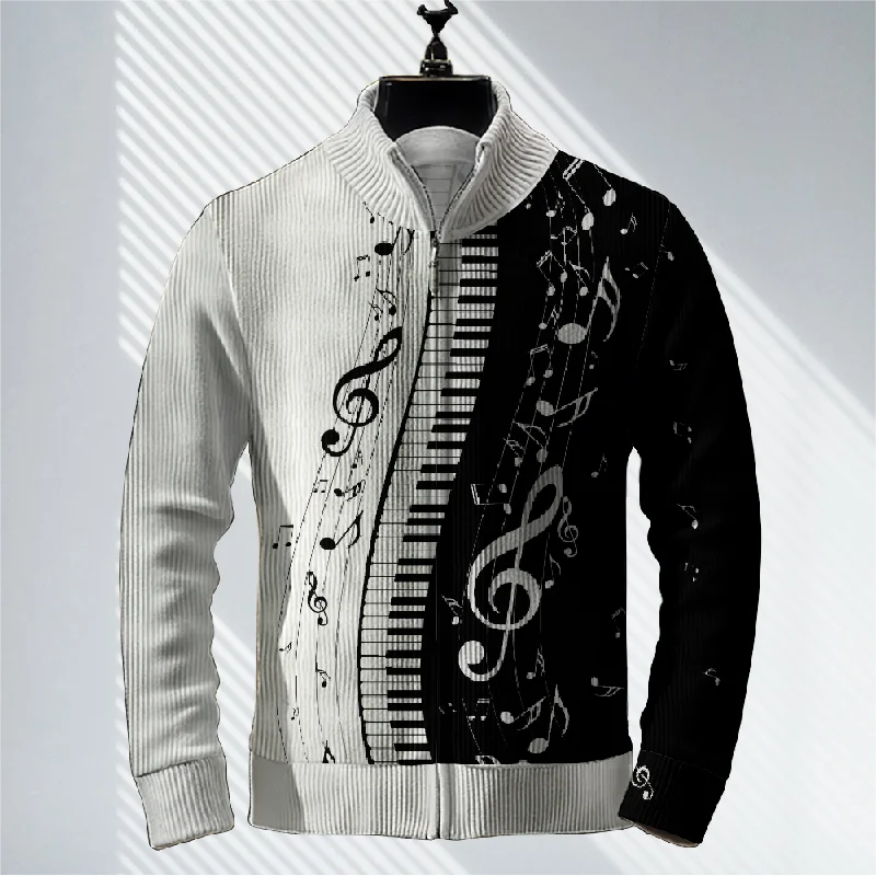 Men's Music Note Print Zip-Up Sweater Jacket 2409005205