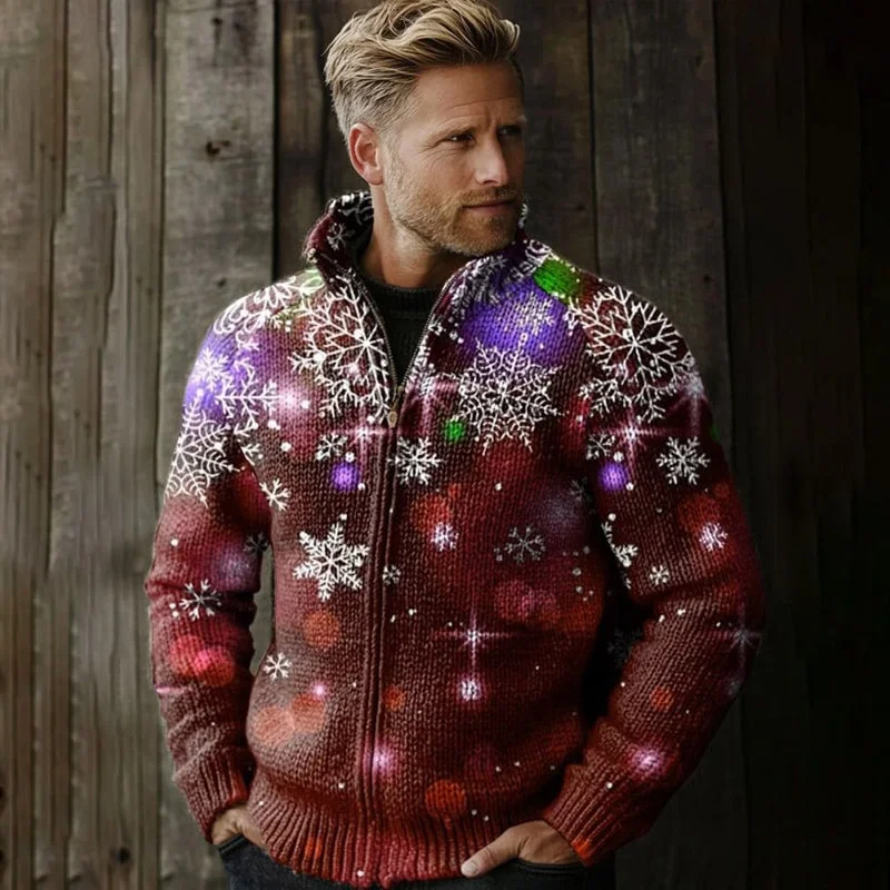 Christmas Retro Snowflake Print Knit Stand Collar Zip Up Jacket