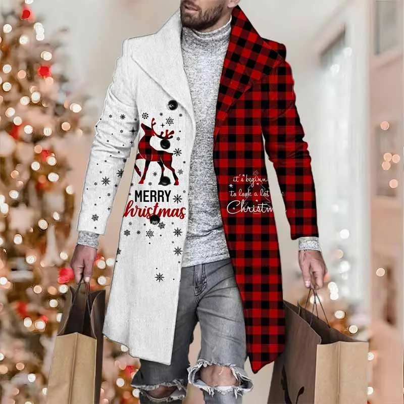 Men's Christmas Element Plaid Print Coat