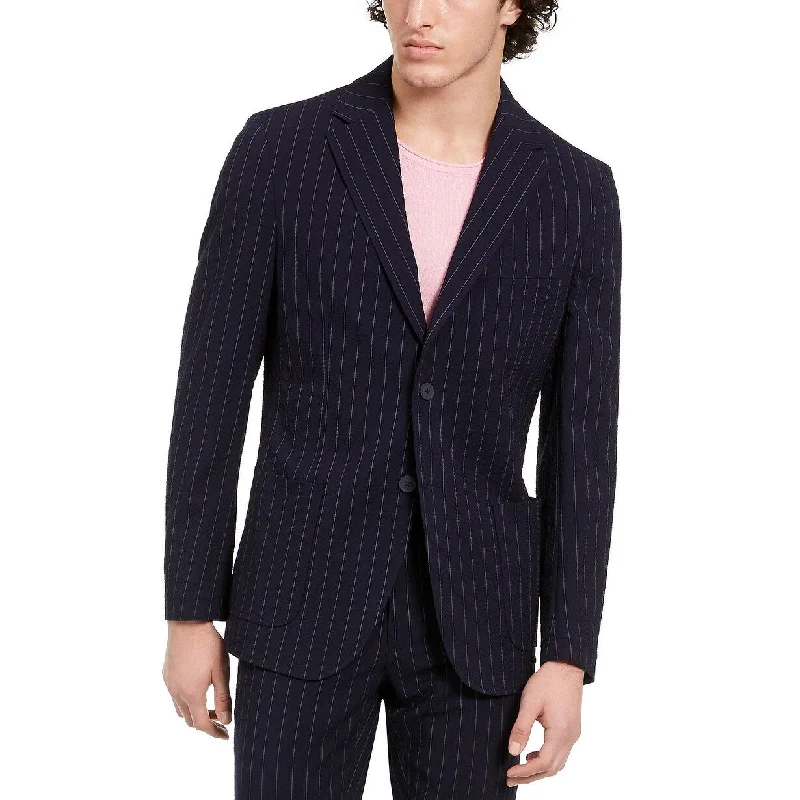 DKNY Men's Slim-Fit Stretch Navy Blue Seersucker Stripe Suit Jacket Blue Size 40