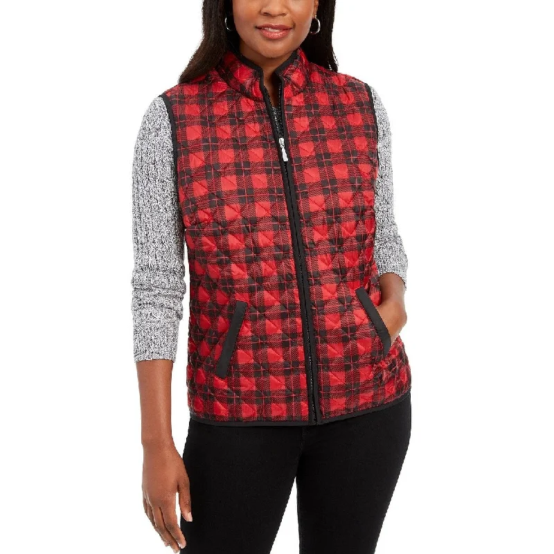 Karen Scott Women's Sport Plaid Puffer Vest Bright Red Size Large