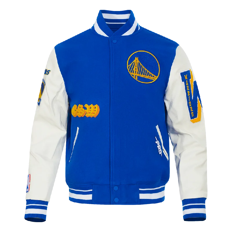 NBA GOLDEN STATE WARRIORS OLD ENGLISH MEN'S RIB WOOL VARSITY JACKET (ROYAL BLUE/WHITE)