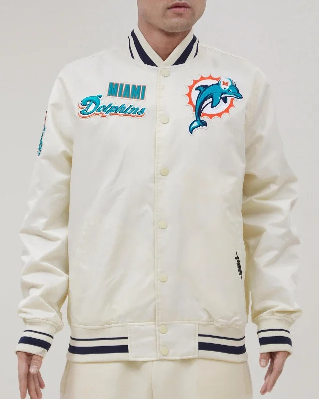 NFL MIAMI DOLPHINS RETRO CLASSIC MEN'S RIB SATIN JACKET (EGGSHELL/ BLACK)