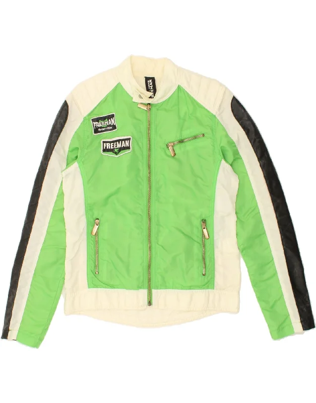 FREEMAN Mens Biker Jacket UK 38 Medium Green Colourblock Nylon