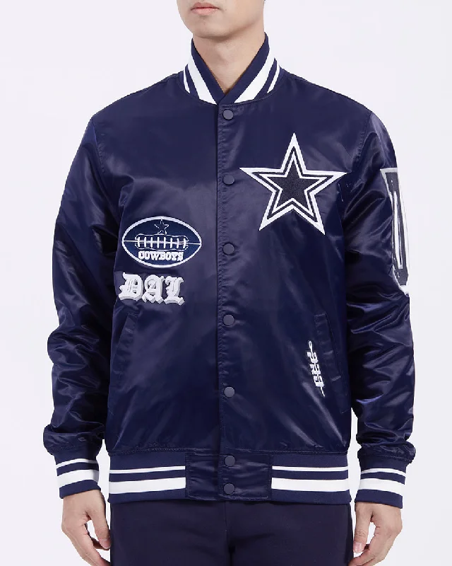 NFL DALLAS COWBOYS OLD ENGLISH MEN'S RIB SATIN JACKET (MIDNIGHT NAVY)