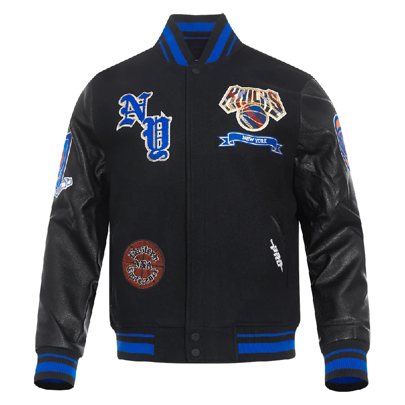 NBA NEW YORK KNICKS PRO PREP MEN'S WOOL VARSITY JACKET (BLACK/ROYAL BLUE/BLACK)