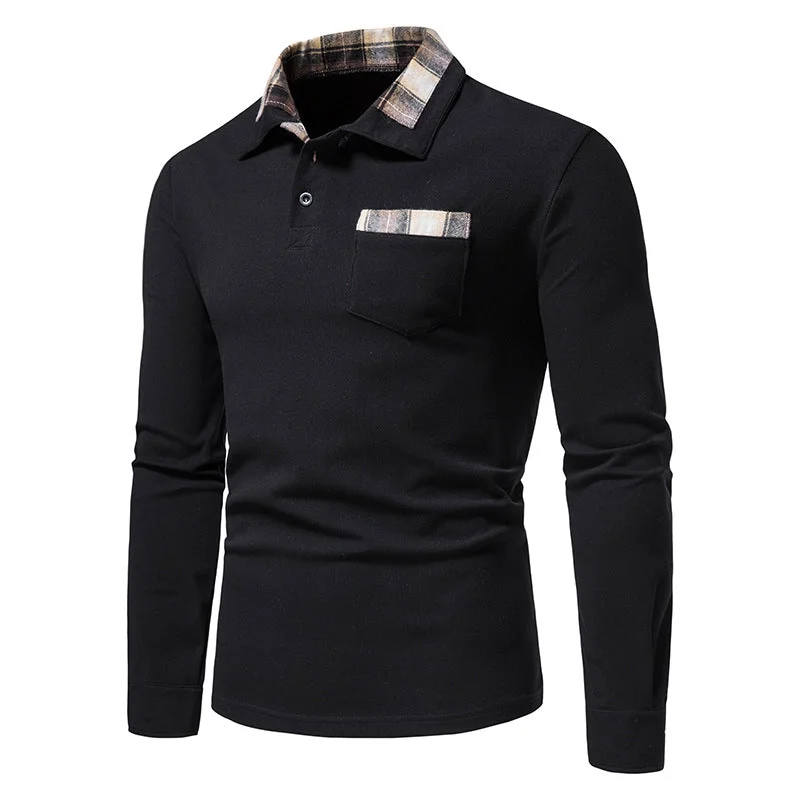 Men's Casual Long Sleeve Plaid Collar Polo Shirt with Pockets | D81