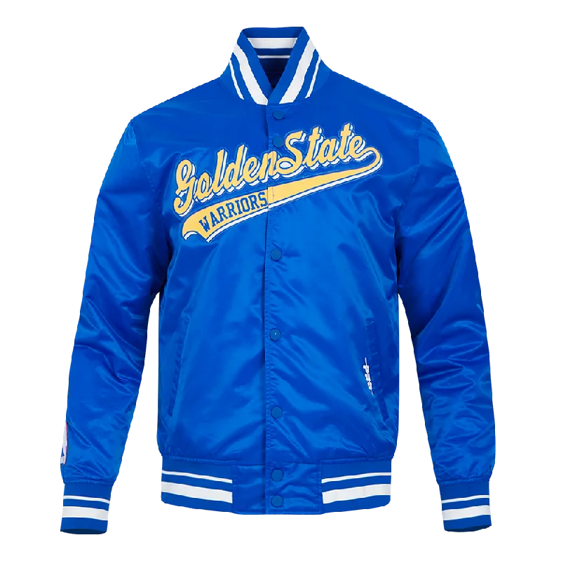 NBA GOLDEN STATE WARRIORS SCRIPT TAIL MEN'S SATIN JACKET (ROYAL BLUE)