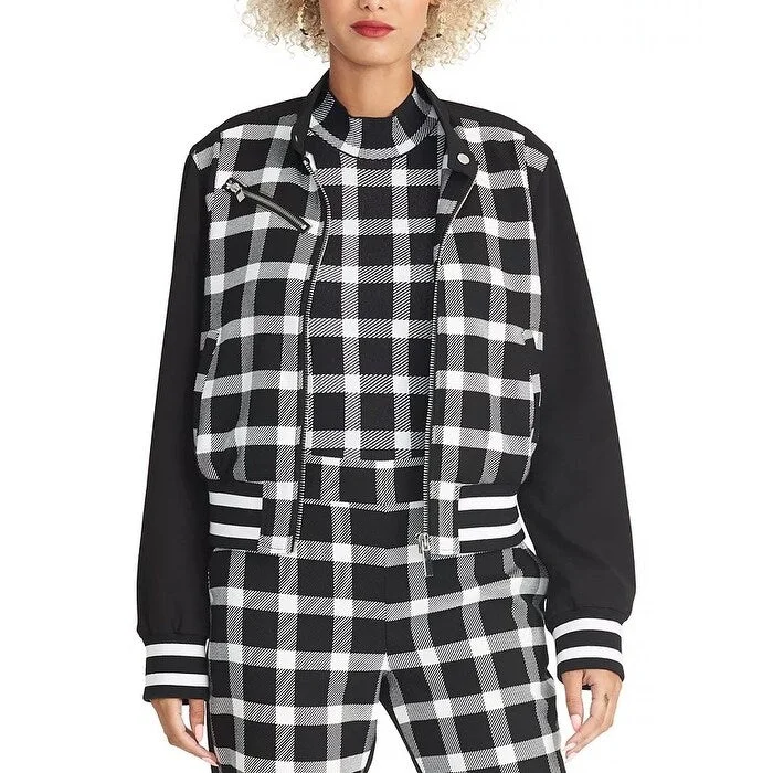 Rachel Roy Women's Plaid Zip Bomber Jacket Black Size Medium