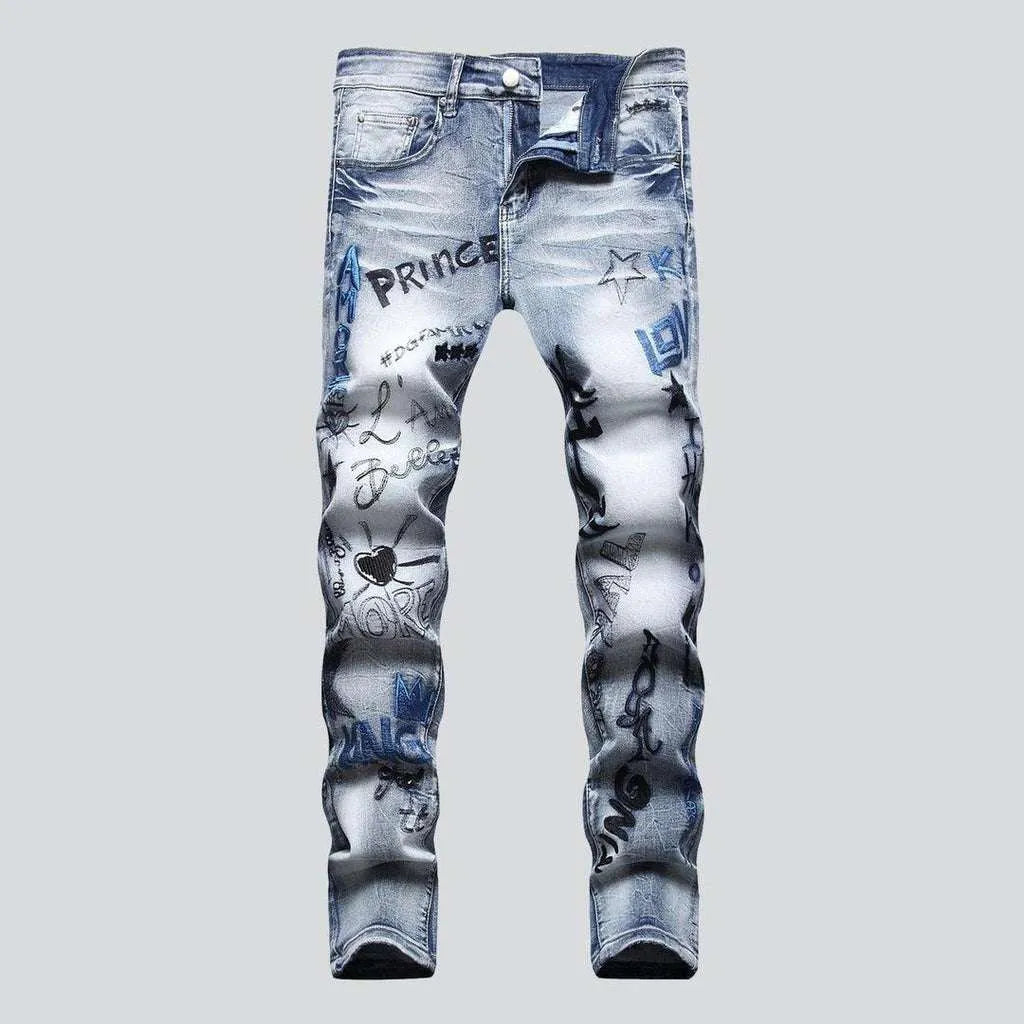 Light wash men's embroidered jeans