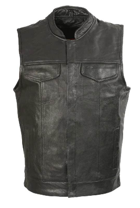 Club Vest CVM2036 Men’s Leather Black Open Collar Vest with Snap Buttons