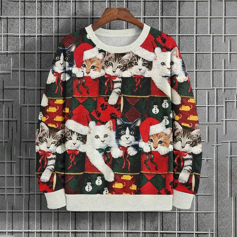 Men's Merry Christmas Cats Argyle Print Casual Sweater