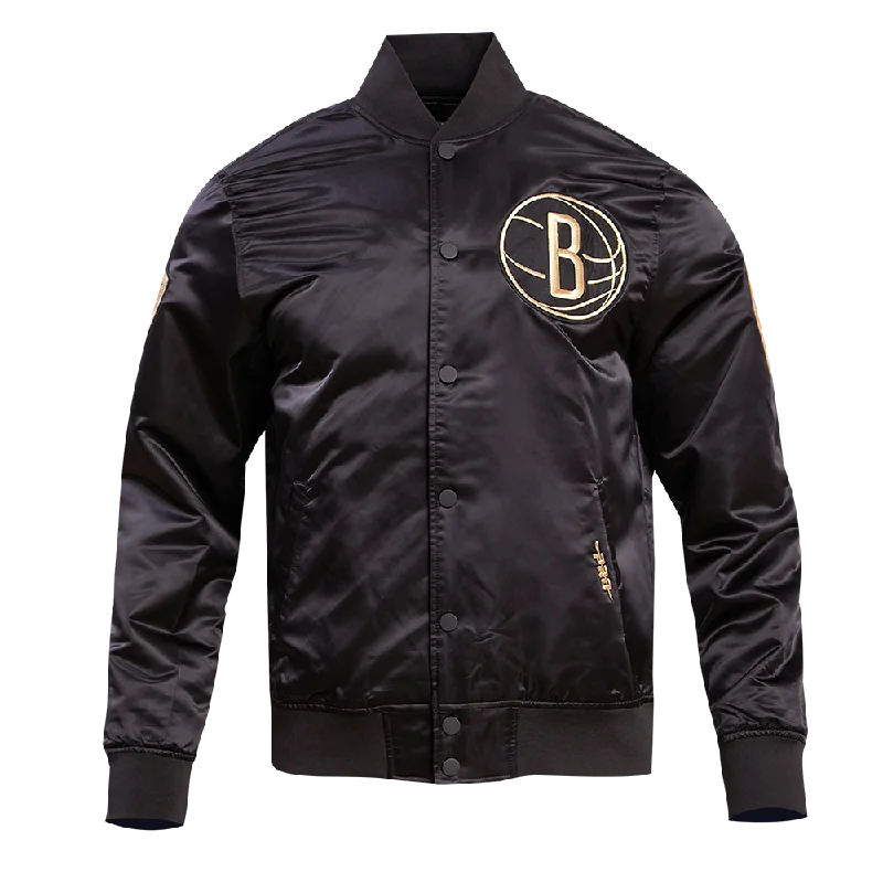 BROOKLYN NETS GOLD LOGO SATIN JACKET (BLACK)