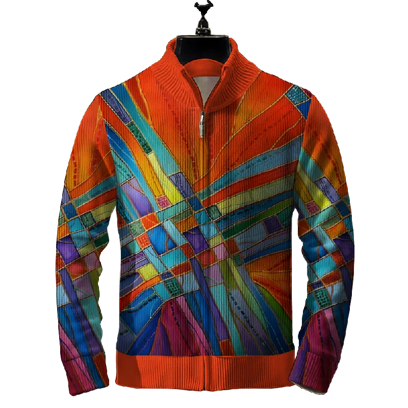 Men's Bright Color Print Zipper Long Sleeve Cardigan Jacket 2410000924