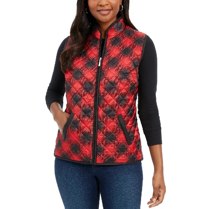 Karen Scott Women's Sport Plaid Puffer Vest Bright Red Size Large