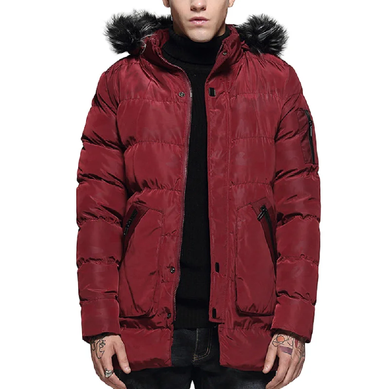 Hood Removable Faux Fur Coat Maroon