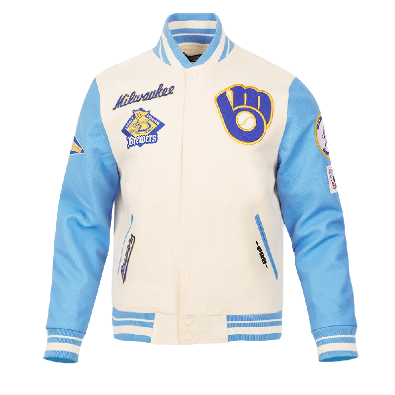 MLB MILWAUKEE BREWERS RETRO CLASSIC MEN'S RIB WOOL VARSITY JACKET (EGGSHELL/UNIVERSAL BLUE)