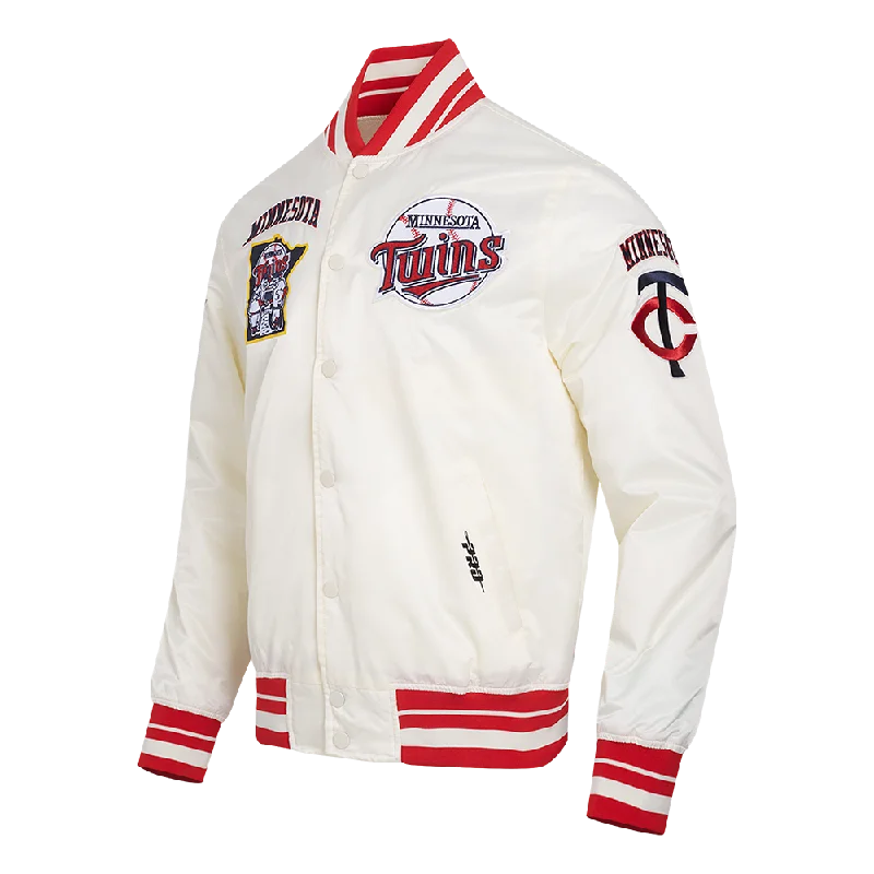 MLB MINNESOTA TWINS RETRO CLASSIC MEN'SRIB SATIN JACKET (EGGSHELL/ RED)