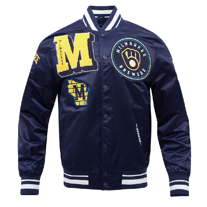 MLB MILWAUKEE BREWERS MASHUP MEN'S RIB SATIN JACKET (MIDNIGHT NAVY)