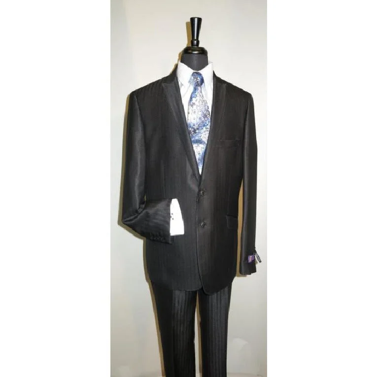 Herringbone Black Fabric Suit Peak Lapel Shiny Sharkskin Overcoat