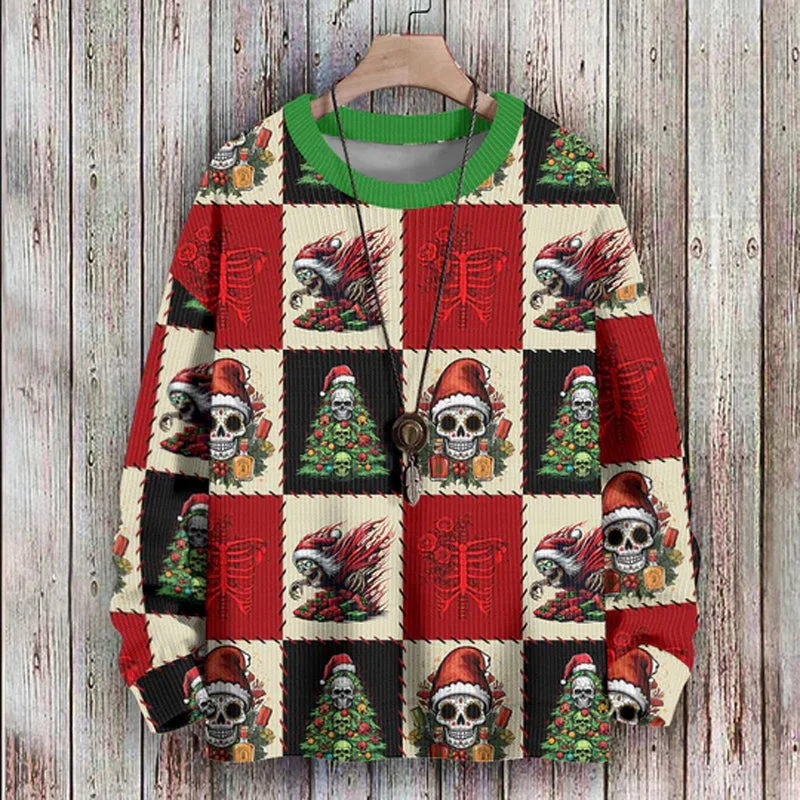 Merry Christmas Checkered Skulls Knitted Sweater