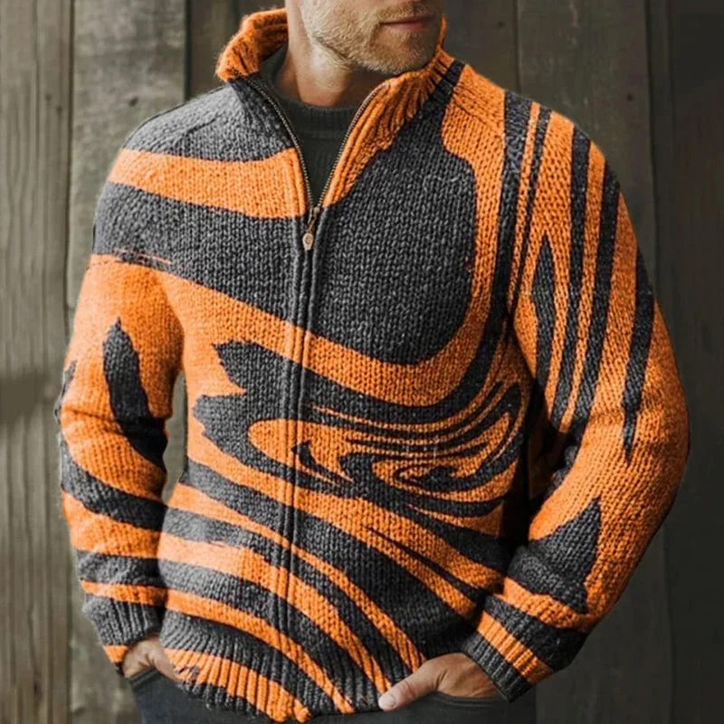 Men's Retro Contrast Color Flowing Line Zipper Sweater Jacket