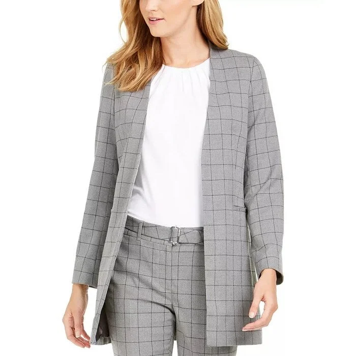 Calvin Klein Women's Petite Collarless Plaid Topper Jacket Grey Size 1