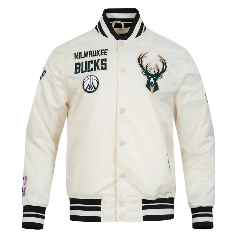 NBA MILWAUKEE BUCKS RETRO CLASSIC MEN'S RIB SATIN JACKET (EGGSHELL/ BLACK)