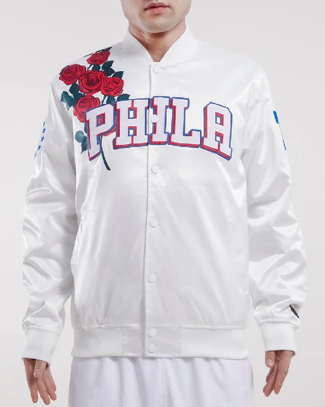 NBA PHILADELPHIA 76ERS ROSES MEN'S SATIN JACKET (WHITE)